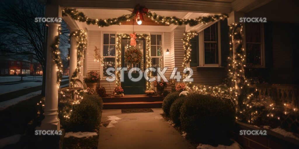 A holiday-themed front porch with garland and lights colo one