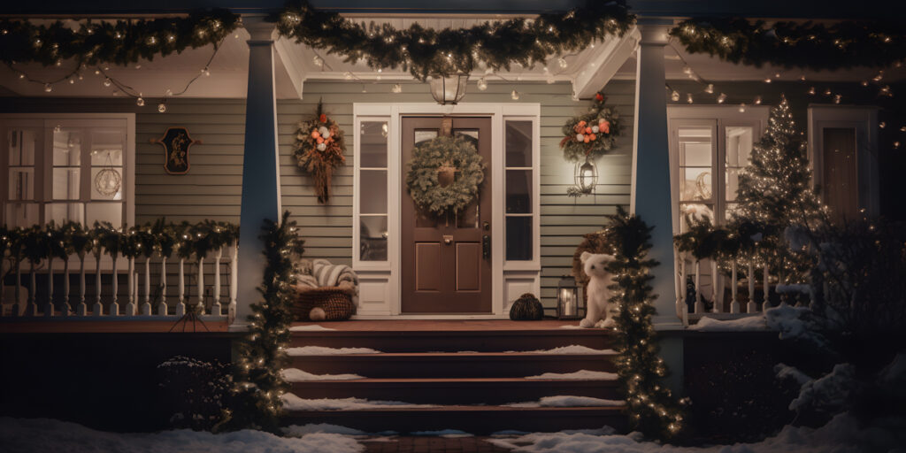 A holiday-themed front porch with garland and lights colo three