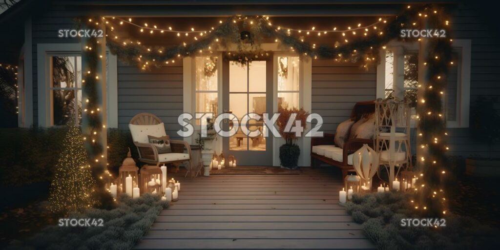 A holiday-themed front porch with garland and lights colo two