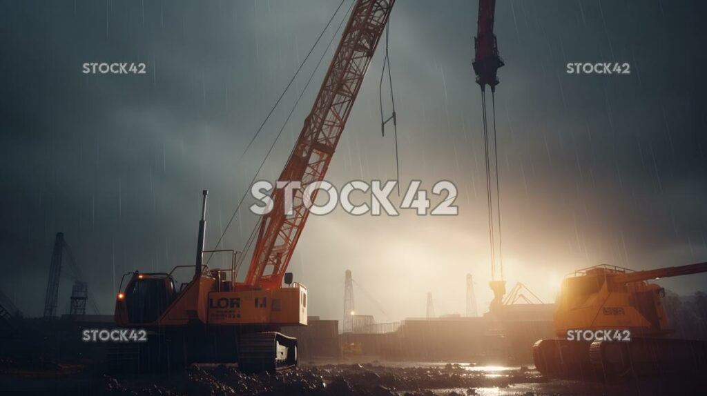 Ein Hydraulikkran hebt eine schwere Last auf einer Baustelle_