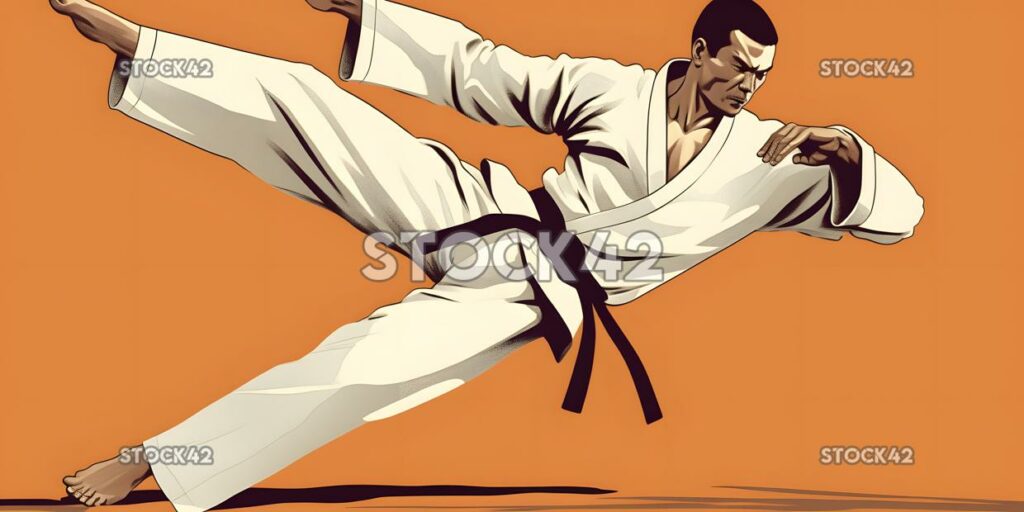 A karateka executing a kick in a martial arts dojo colors