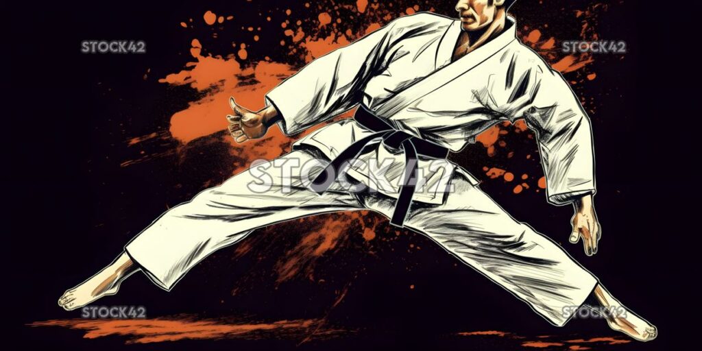 Ein Karateka, der in einem Dojo für Kampfsportarten einen Tritt ausführt, färbt einen