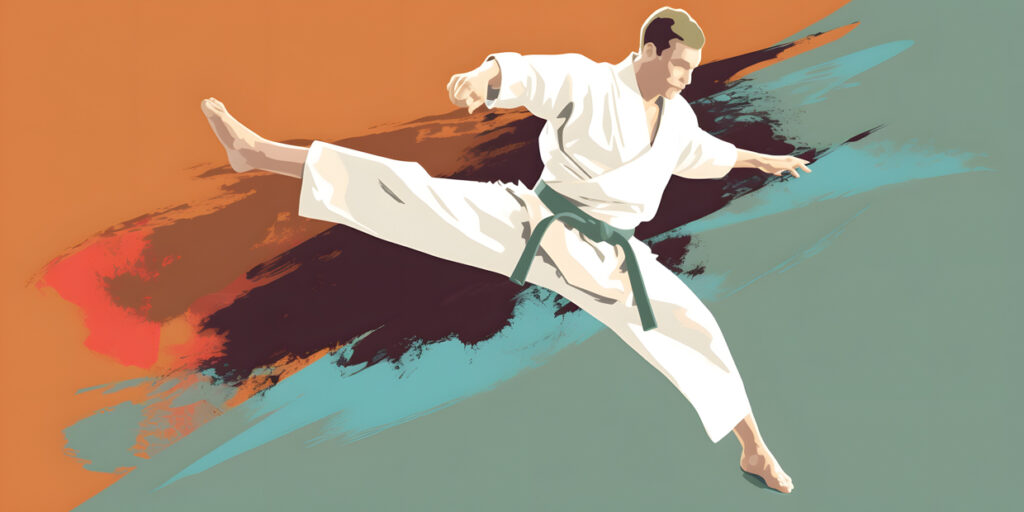 Ein Karateka, der in einem Dojo für Kampfsportarten einen Tritt ausführt, färbt drei