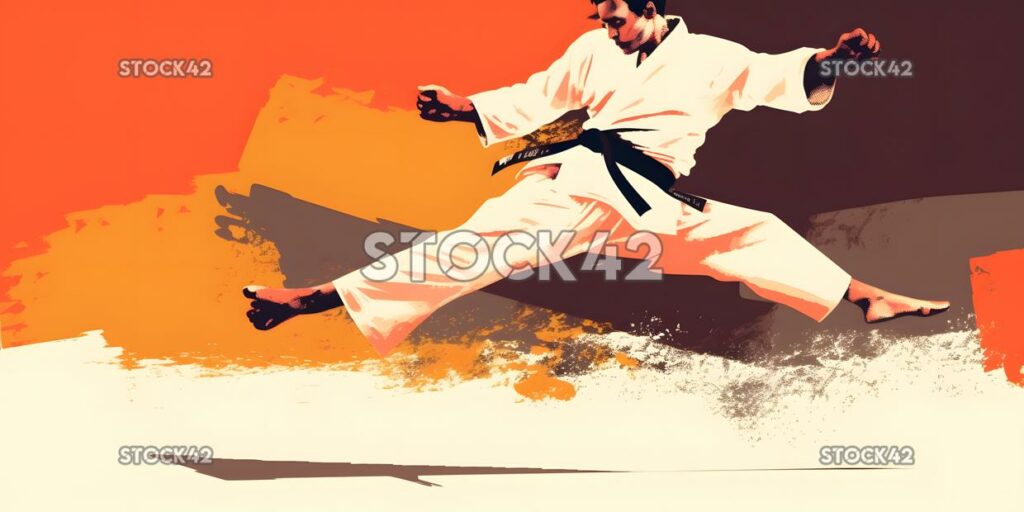 Ein Karateka, der in einem Dojo für Kampfsportarten einen Tritt ausführt, färbt zwei