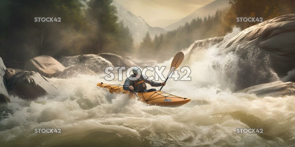 Ein Kajakfahrer paddelt durch Stromschnellen auf einem reißenden Fluss Hype