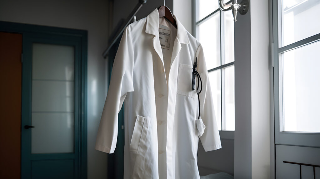 A lab coat hanging on a hook in a science lab