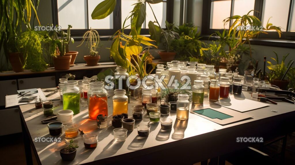 A lab table set up with different plants for botanical st