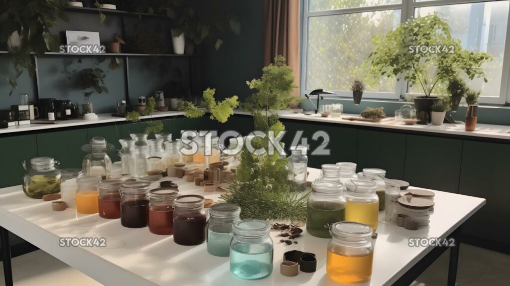 A lab table set up with different plants for botanical st one