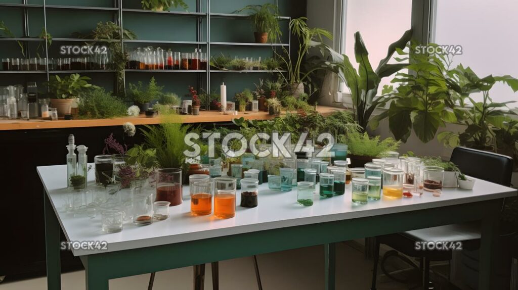 A lab table set up with different plants for botanical st three