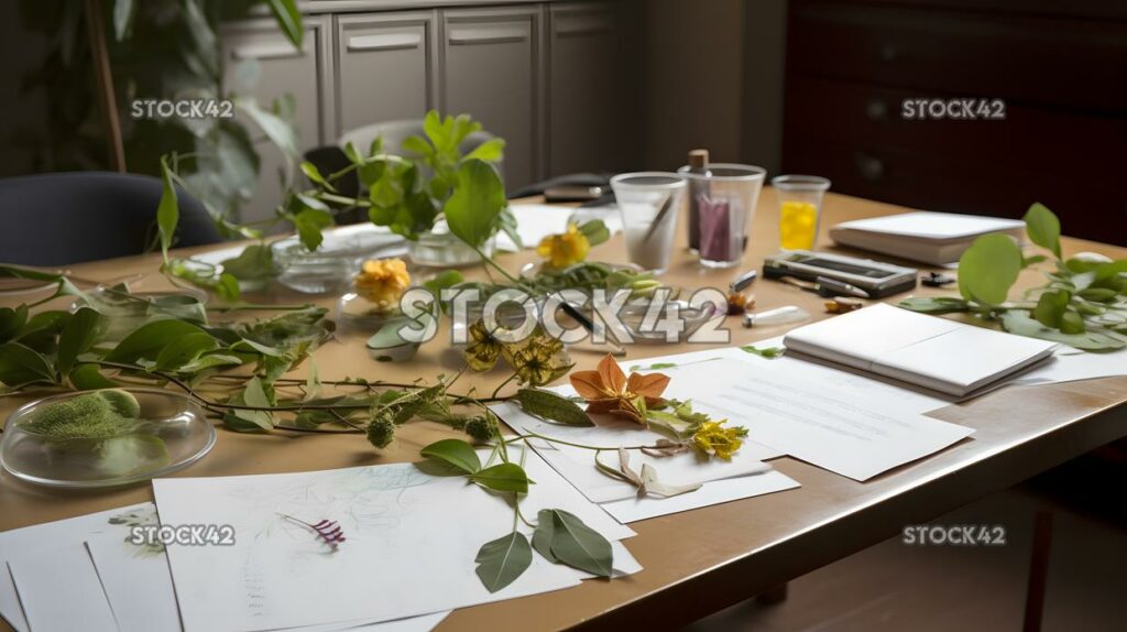 A lab table set up with different plants for botanical st two