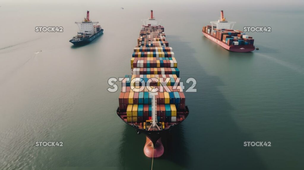 Ein großes Frachtschiff wird mit Containern beladen Farben