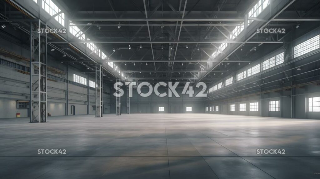 A large empty industrial hall with high ceilings Hyper-re