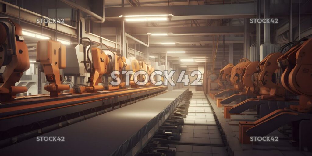 A large factory assembly line with conveyor belts and rob