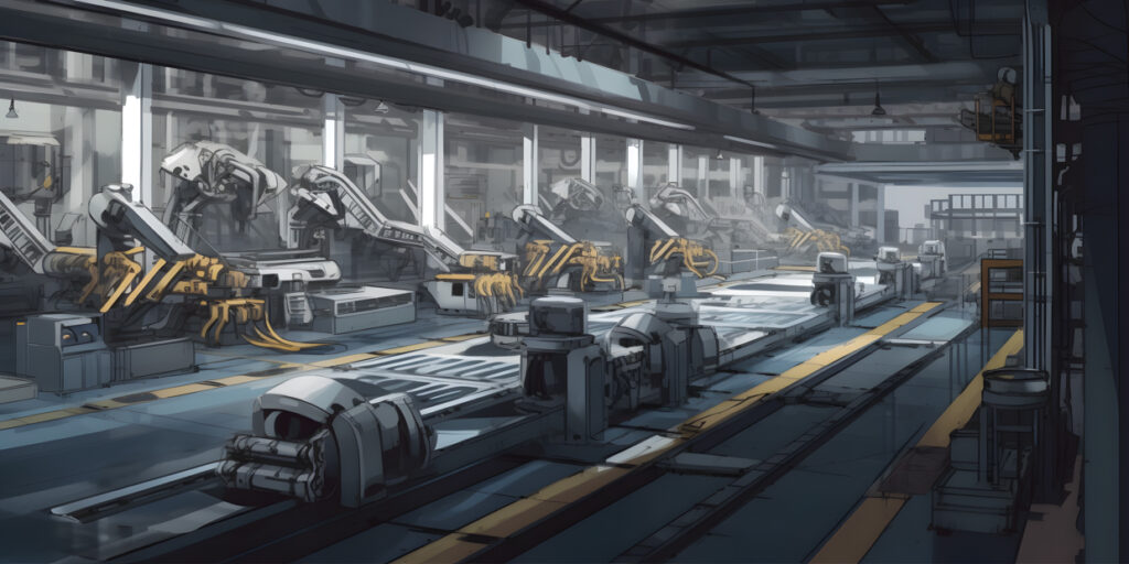 A large factory assembly line with conveyor belts and rob one