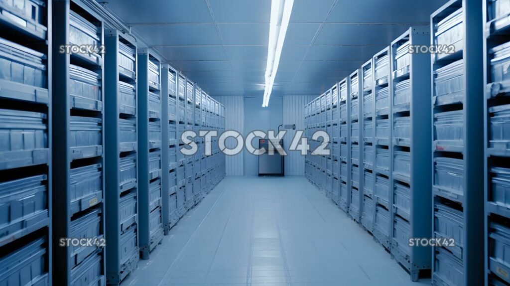 A large freezer room with stacks of frozen food products_