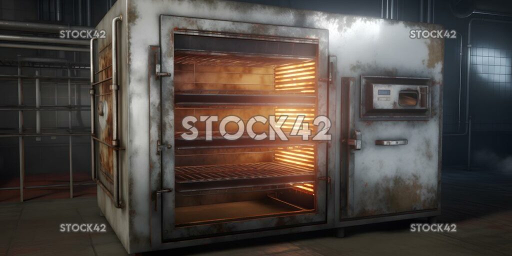 Un gran horno industrial horneando productos alimenticios Hyper-realis tres