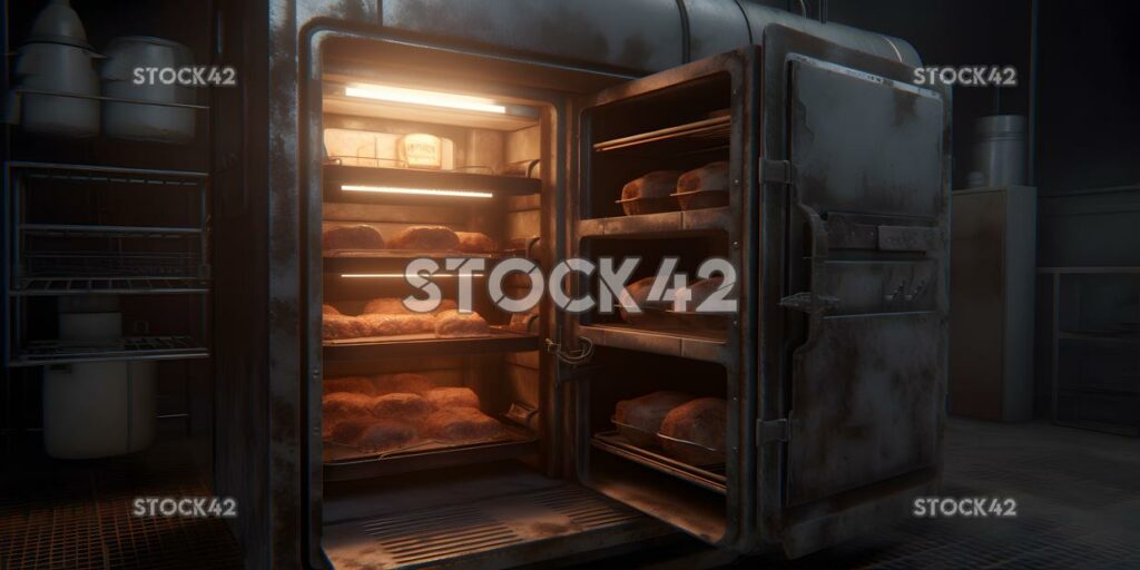 A large industrial oven baking food products Hyper-realis two