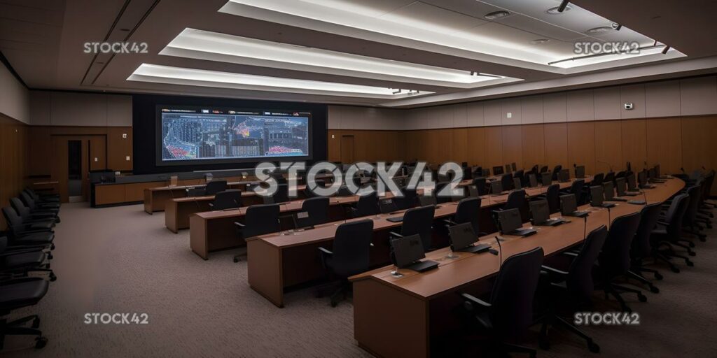 A large lecture hall with a screen displaying a presentat