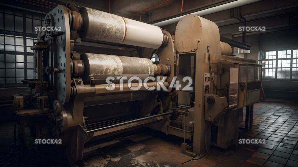 A large-scale printing press with rolls of paper feeding  one