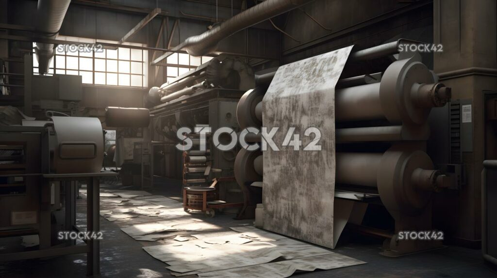 A large-scale printing press with rolls of paper feeding  two