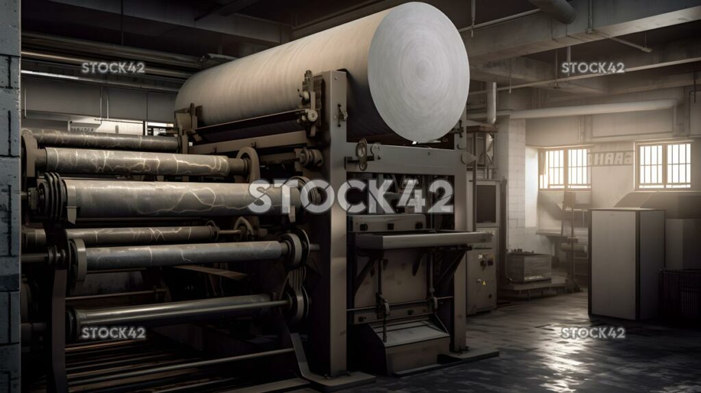 A large-scale printing press with rolls of paper feeding_