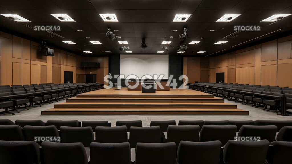 A lecture hall with a stage and a large screen behind it