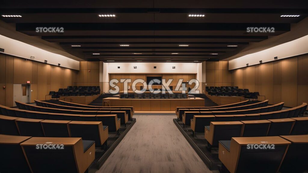 A lecture hall with a stage and a large screen behind it one