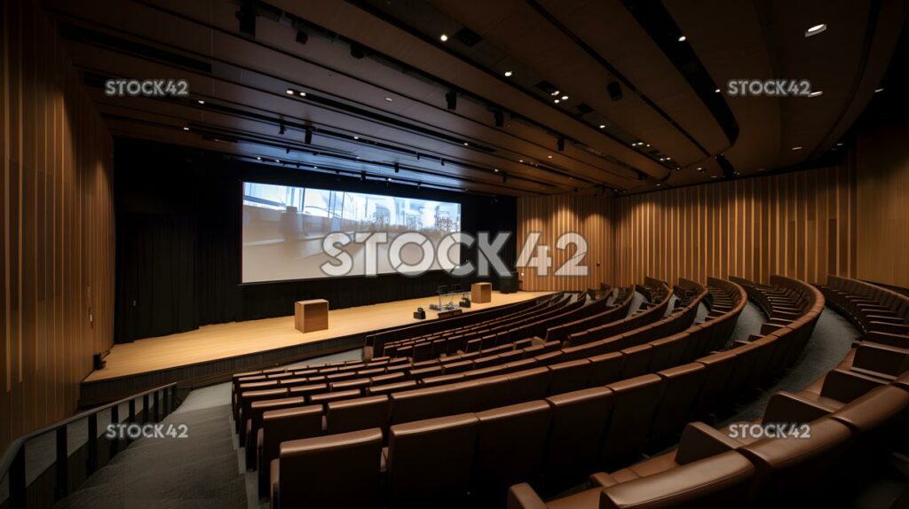 A lecture hall with a stage and a large screen behind it two