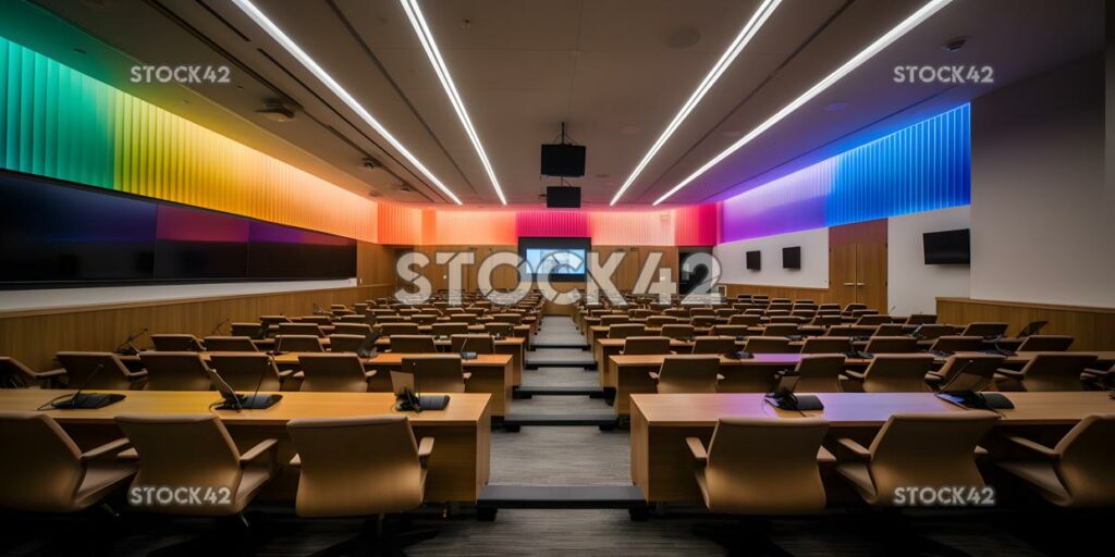 A lecture hall with rows of desks and a large screen at t one