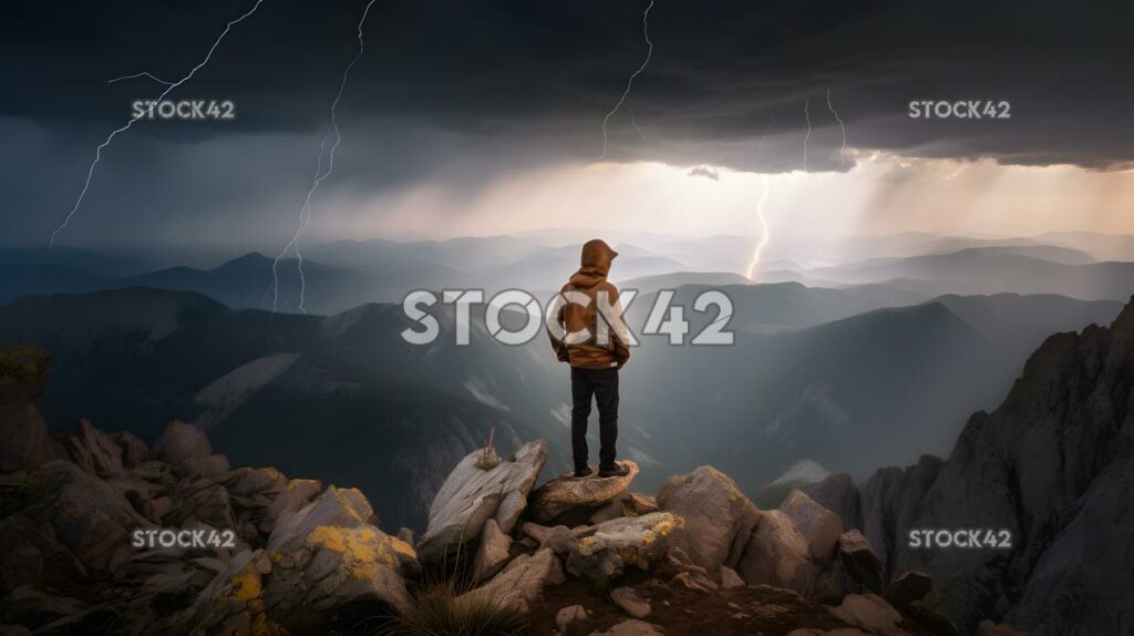 Ein einsamer Wanderer genießt die atemberaubende Aussicht von einem Berg.