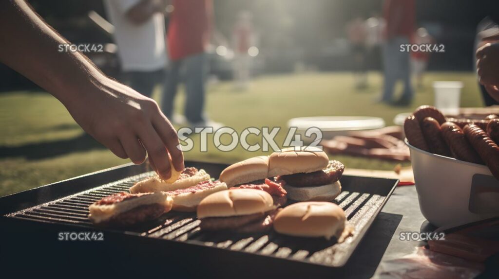 A man grilling burgers and hot dogs at a tailgate party b