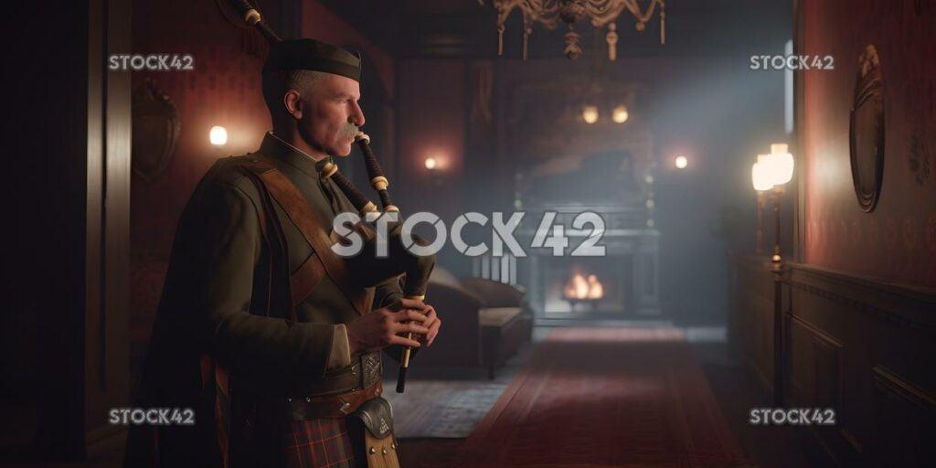 A man in a kilt playing bagpipes at a Scottish-themed par