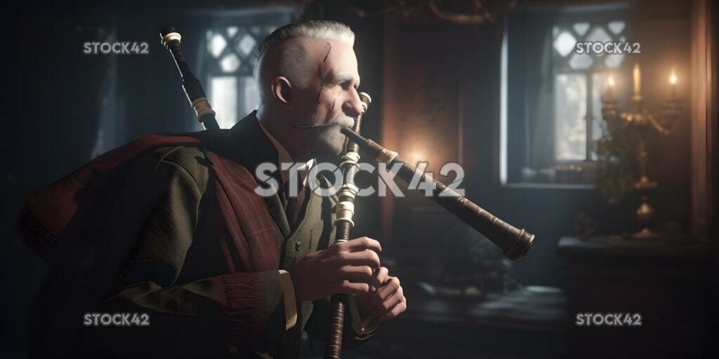 A man in a kilt playing bagpipes at a Scottish-themed par one