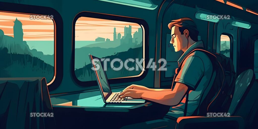 Un hombre trabajando en una computadora portátil mientras viaja en un tren colo