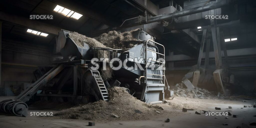 A massive industrial shredder grinding up waste material_