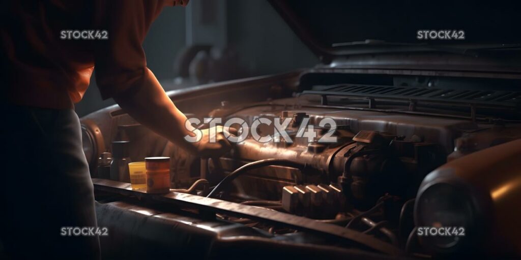 Un mecánico cambiando el aceite en el motor de un coche Hiperrealista