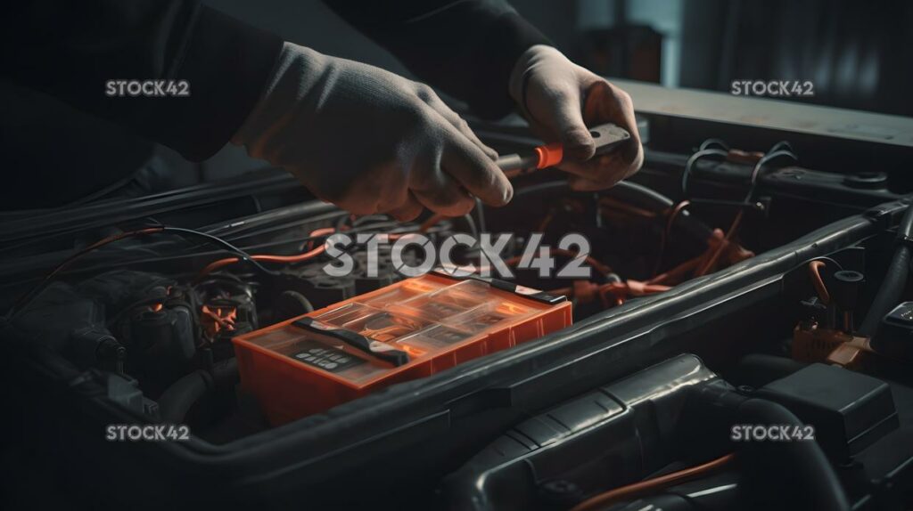 A mechanic checking a car battery with a multimeter Hyper