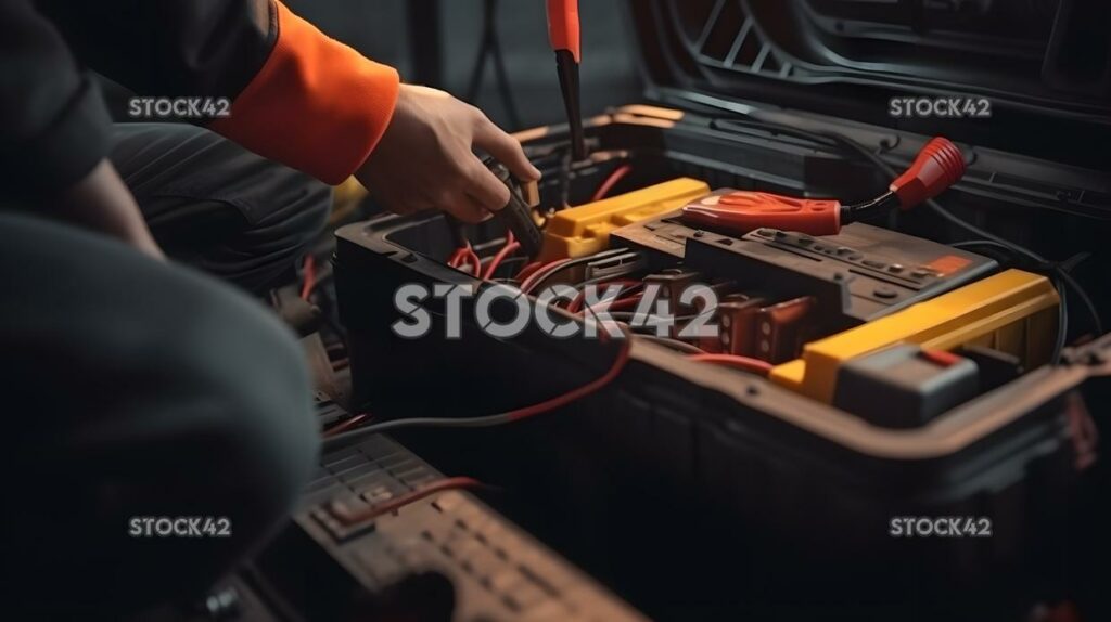 Ein Mechaniker, der eine Autobatterie mit einem Multimeter Hyper three überprüft