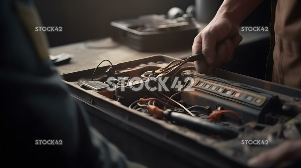 A mechanic checking a car battery with a multimeter Hyper two