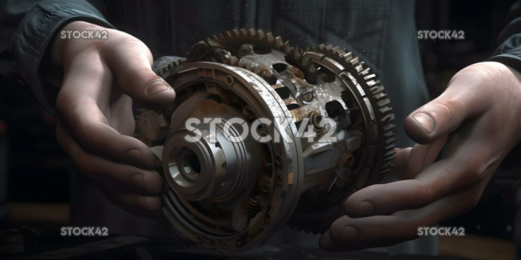 A mechanic removing a car transmission Hyper-realistic