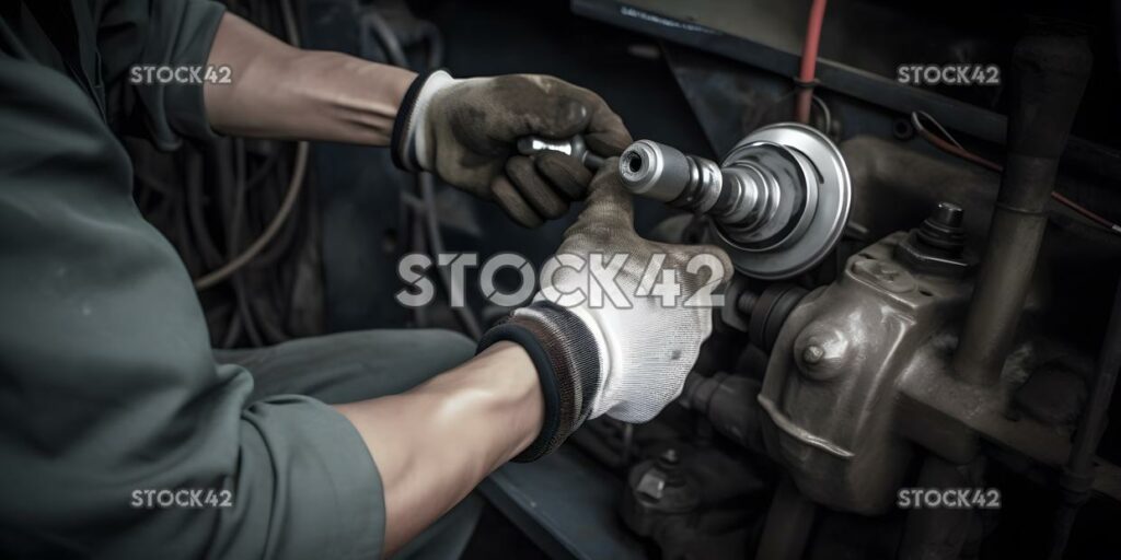 A mechanic repairing a car power steering system