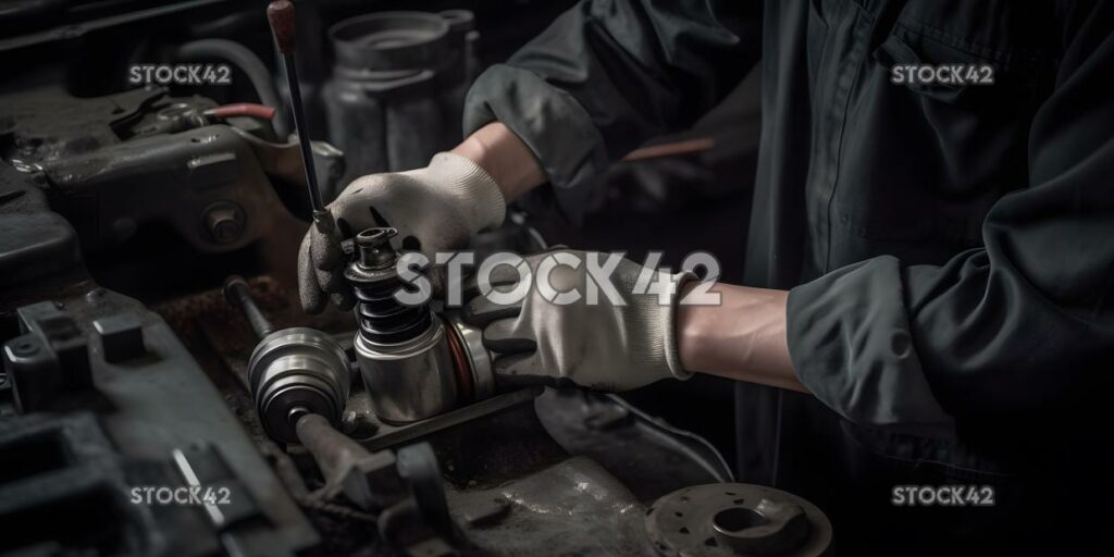 A mechanic repairing a car power steering system one