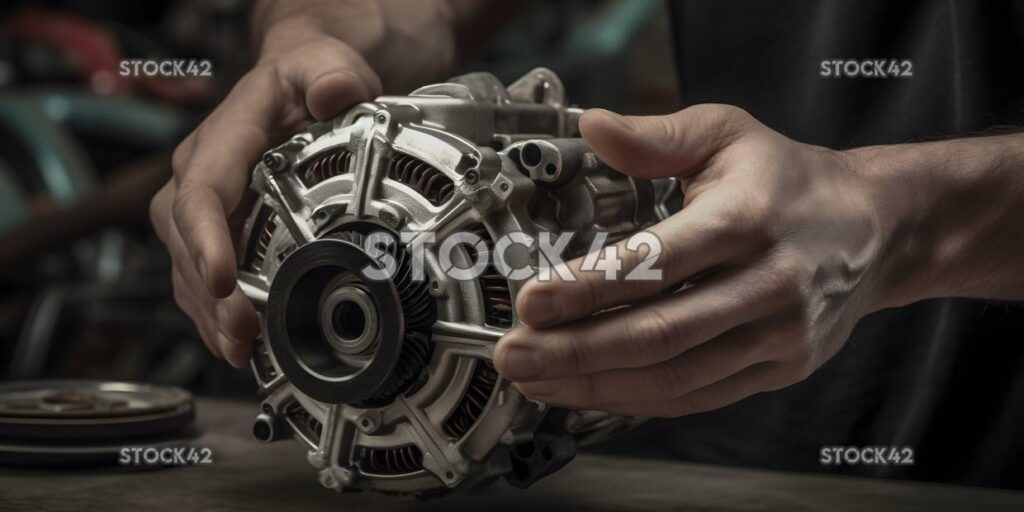 A mechanic replacing a car alternator Hyper-realistic two