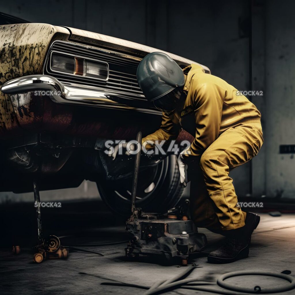 A mechanic using a hydraulic jack to lift a car Hyper-rea