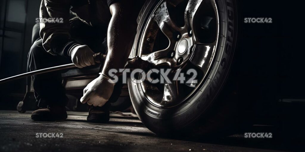 A mechanic using a pneumatic wrench to remove a tire from