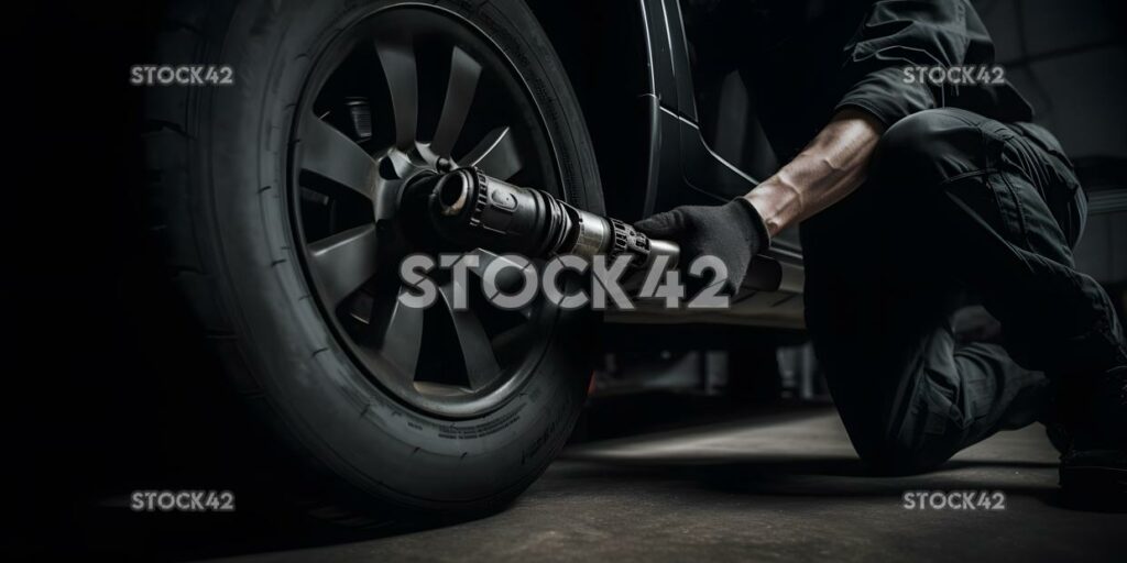 A mechanic using a pneumatic wrench to remove a tire from one