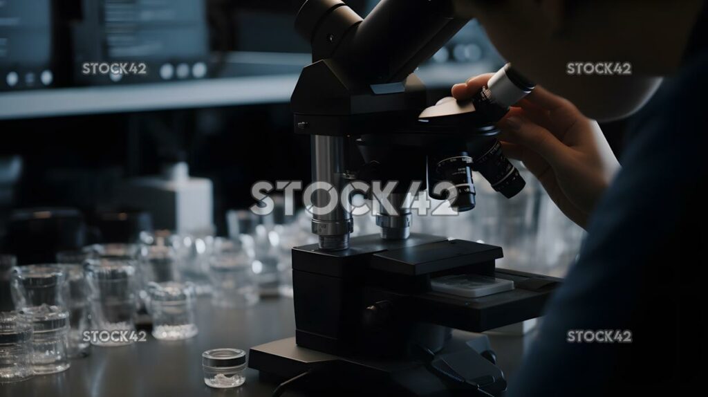 A microscope being used to examine a biological sample two