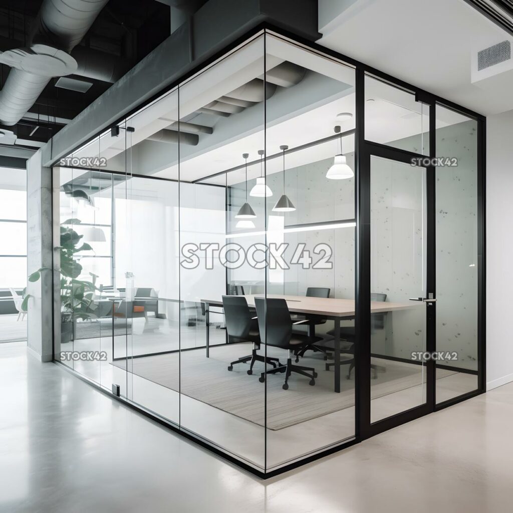 A modern office space with glass walls and doors