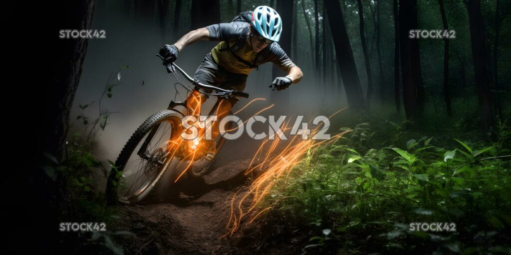 Ein Mountainbiker rast durch einen Waldweg dynamisch li