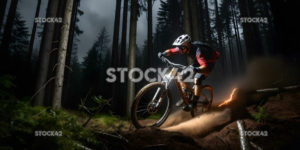 Ein Mountainbiker, der durch einen Waldweg rast, dynamisch li one